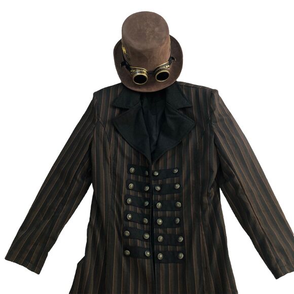 Spirit Halloween Steampunk Trench Coat Size M &Top Hat With Goggles Cosplay Goth - Picture 12 of 12